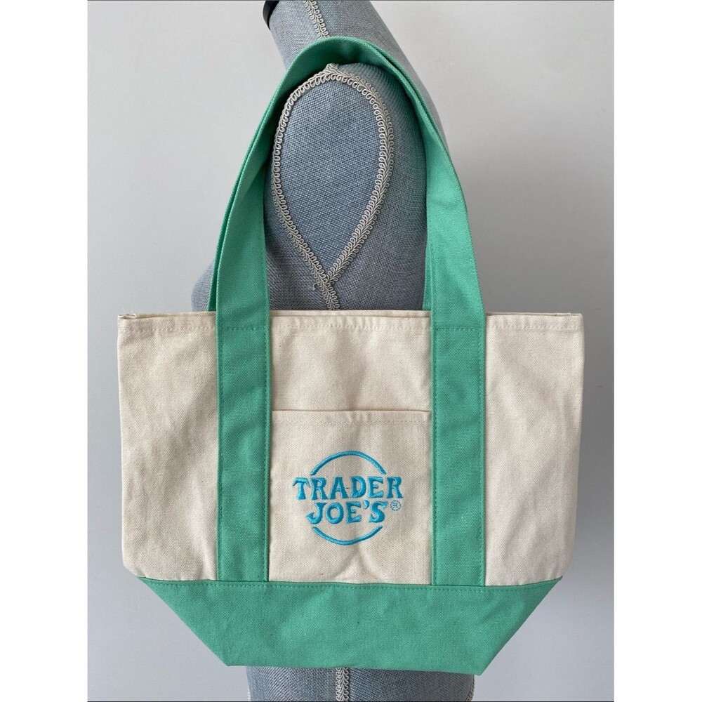 Rare NEW Trader Joe's Mini Pastel Canvas Tote Bag Cream & Mint Green Lunch Bag